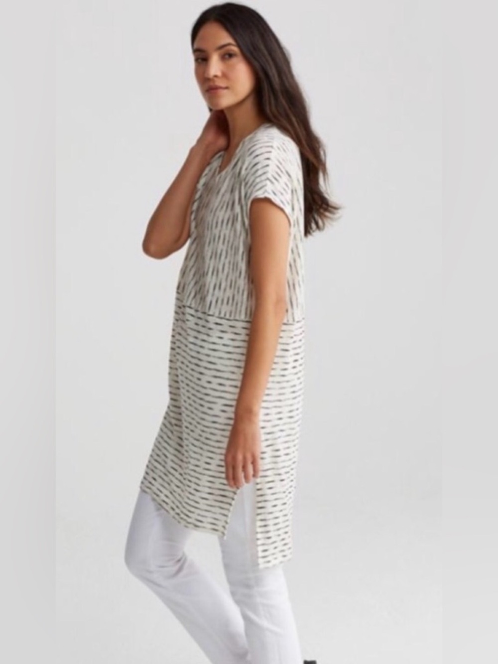 Eileen Fisher Organic Linen Painterly Stripe Tunic Dress M Lagenlook - Picture 9 of 10